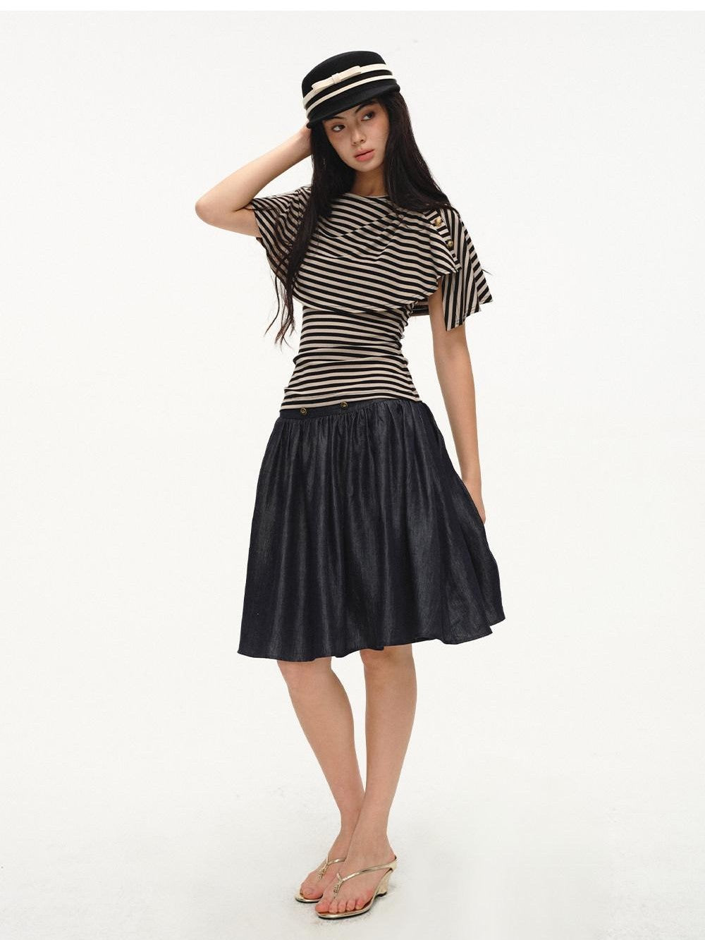 Black Striped Buttoned Shawl V-neck Slim Fit Women's Tank Tops