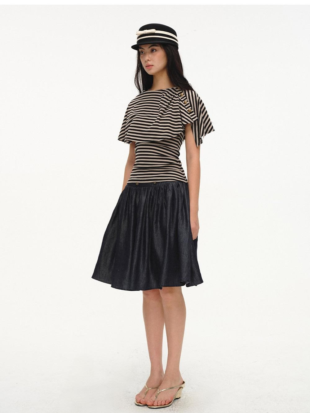 Black Striped Buttoned Shawl V-neck Slim Fit Women's Tank Tops