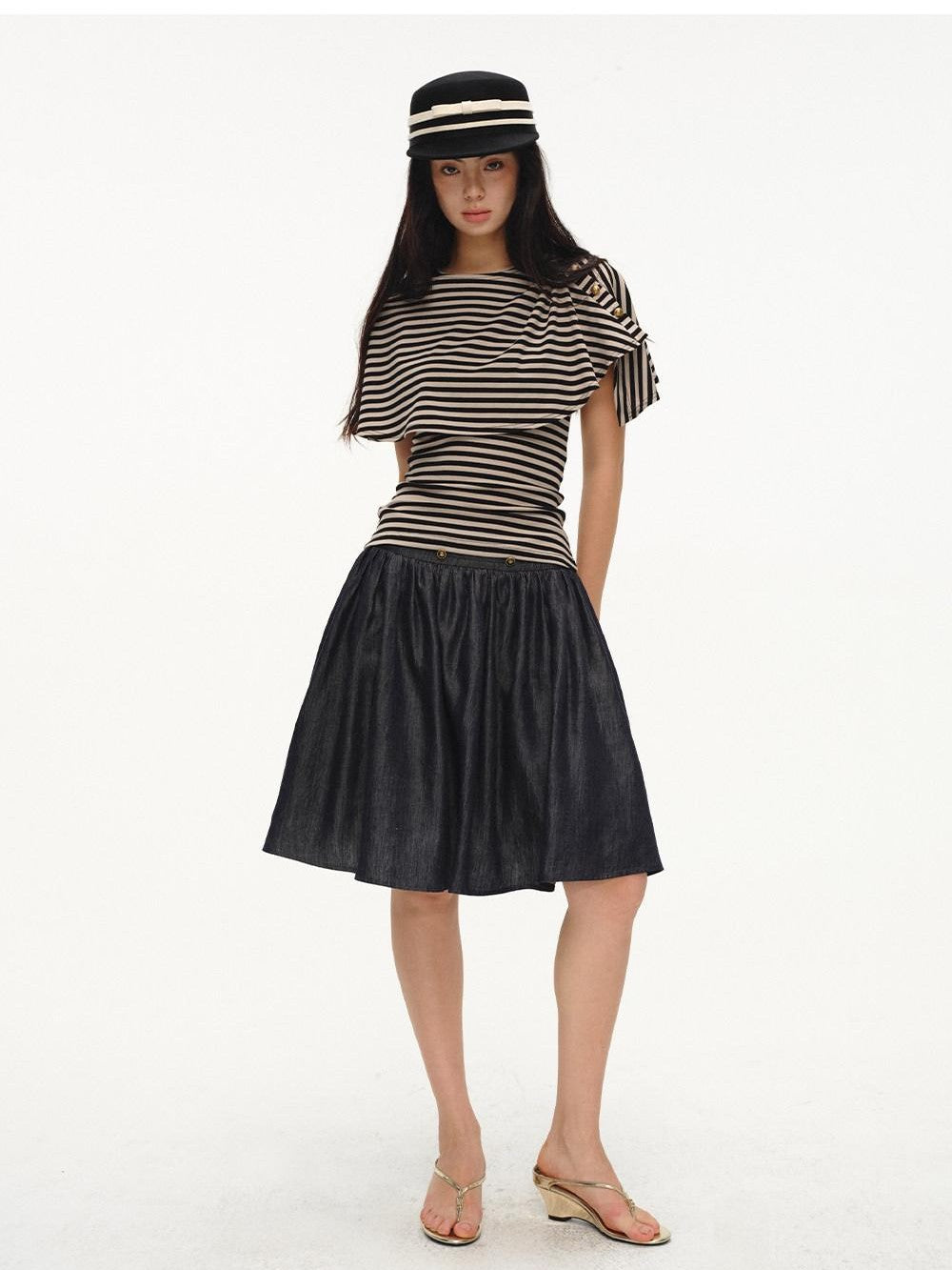 Black Striped Buttoned Shawl V-neck Slim Fit Women's Tank Tops