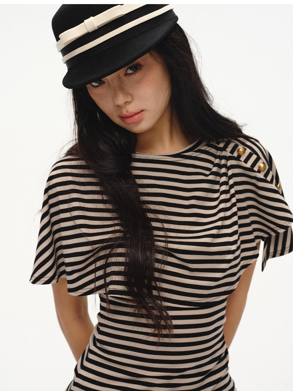 Black Striped Buttoned Shawl V-neck Slim Fit Women's Tank Tops