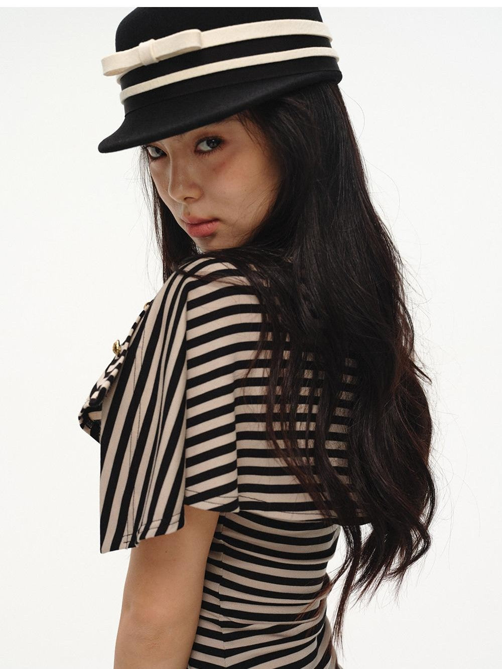 Black Striped Buttoned Shawl V-neck Slim Fit Women's Tank Tops