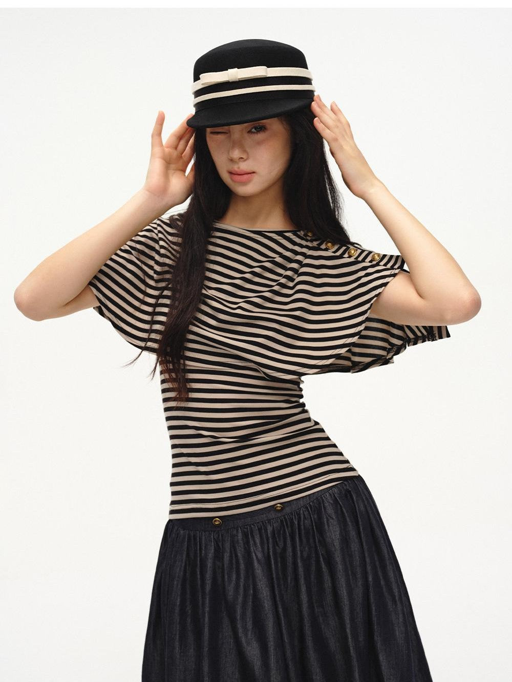 Black Striped Buttoned Shawl V-neck Slim Fit Women's Tank Tops