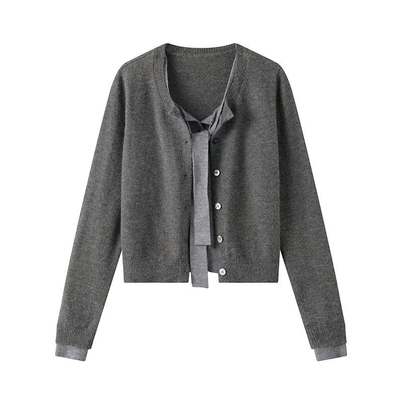 Bow Detail Faux Two Piece Loose Streetwear Button Front Knit Women Cardigans