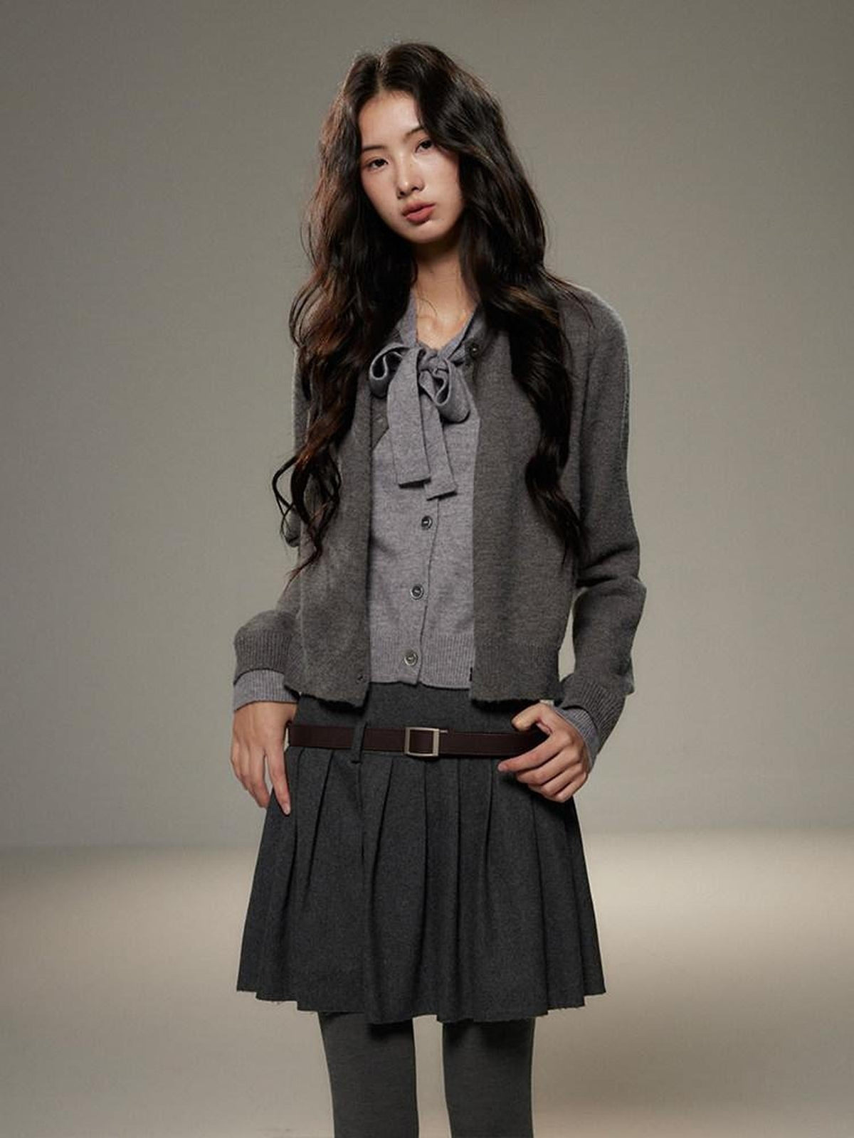 Bow Detail Faux Two Piece Loose Streetwear Button Front Knit Women Cardigans
