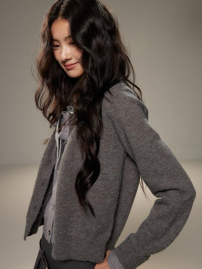 Bow Detail Faux Two Piece Loose Streetwear Button Front Knit Women Cardigans