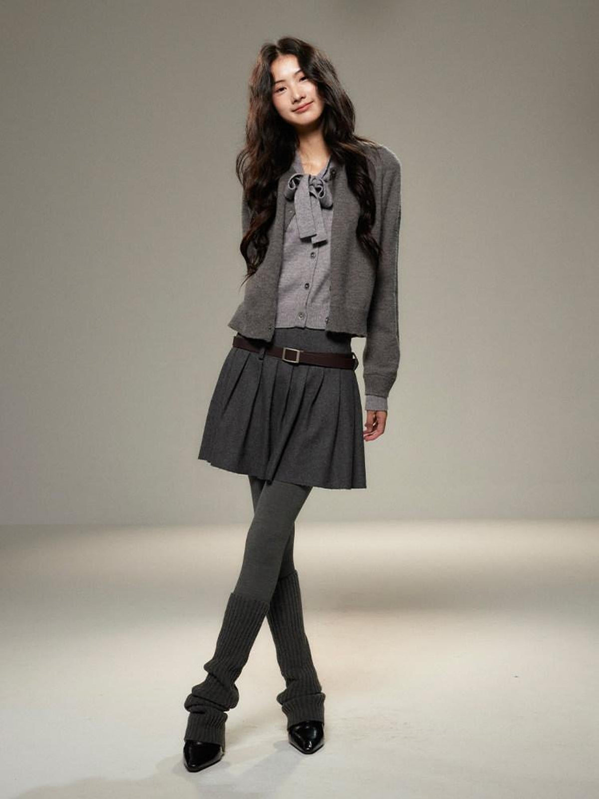 Bow Detail Faux Two Piece Loose Streetwear Button Front Knit Women Cardigans