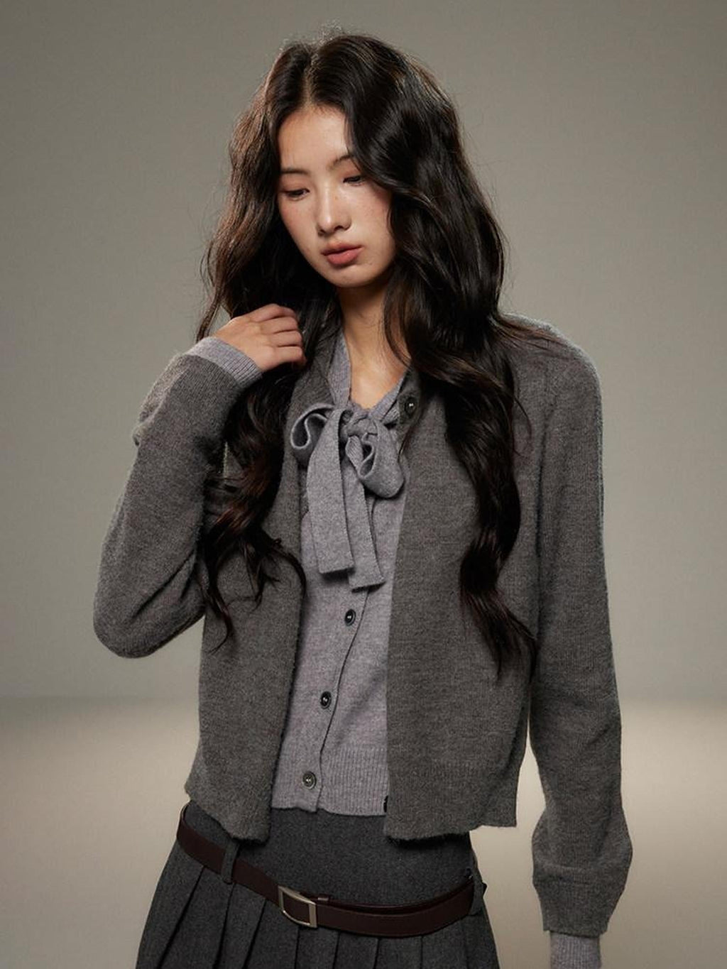 Bow Detail Faux Two Piece Loose Streetwear Button Front Knit Women Cardigans