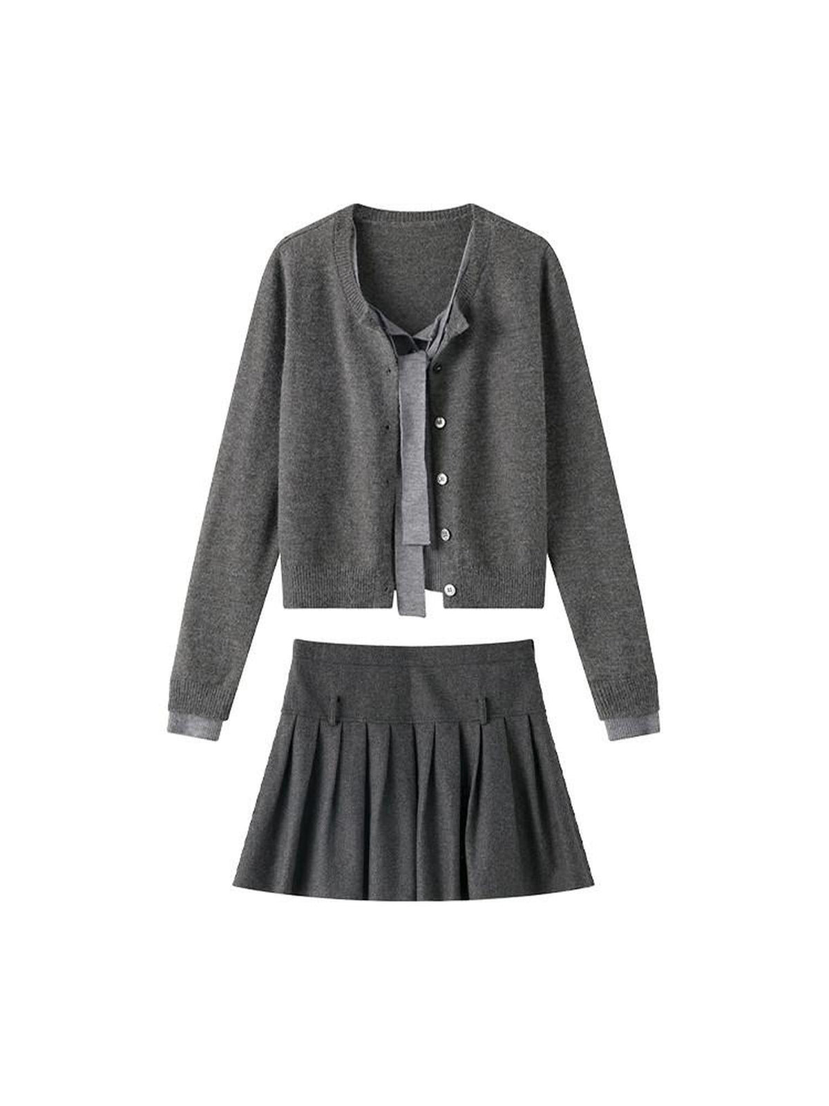 Bow Detail Faux Two Piece Loose Streetwear Button Front Knit Women Cardigans