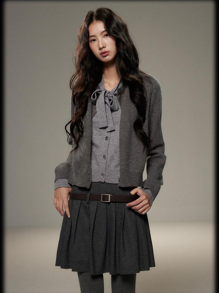 Bow Detail Faux Two Piece Loose Streetwear Button Front Knit Women Cardigans