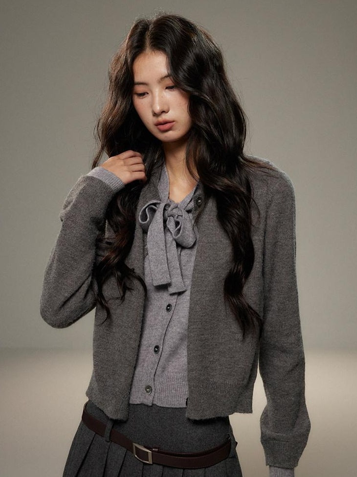 Bow Detail Faux Two Piece Loose Streetwear Button Front Knit Women Cardigans