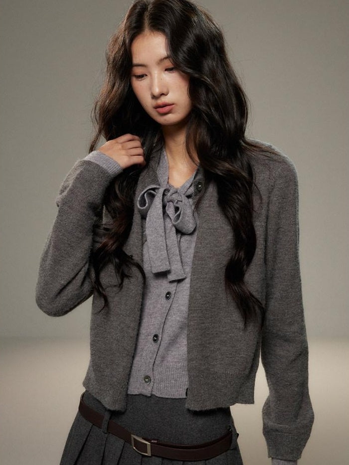 Bow Detail Faux Two Piece Loose Streetwear Button Front Knit Women Cardigans