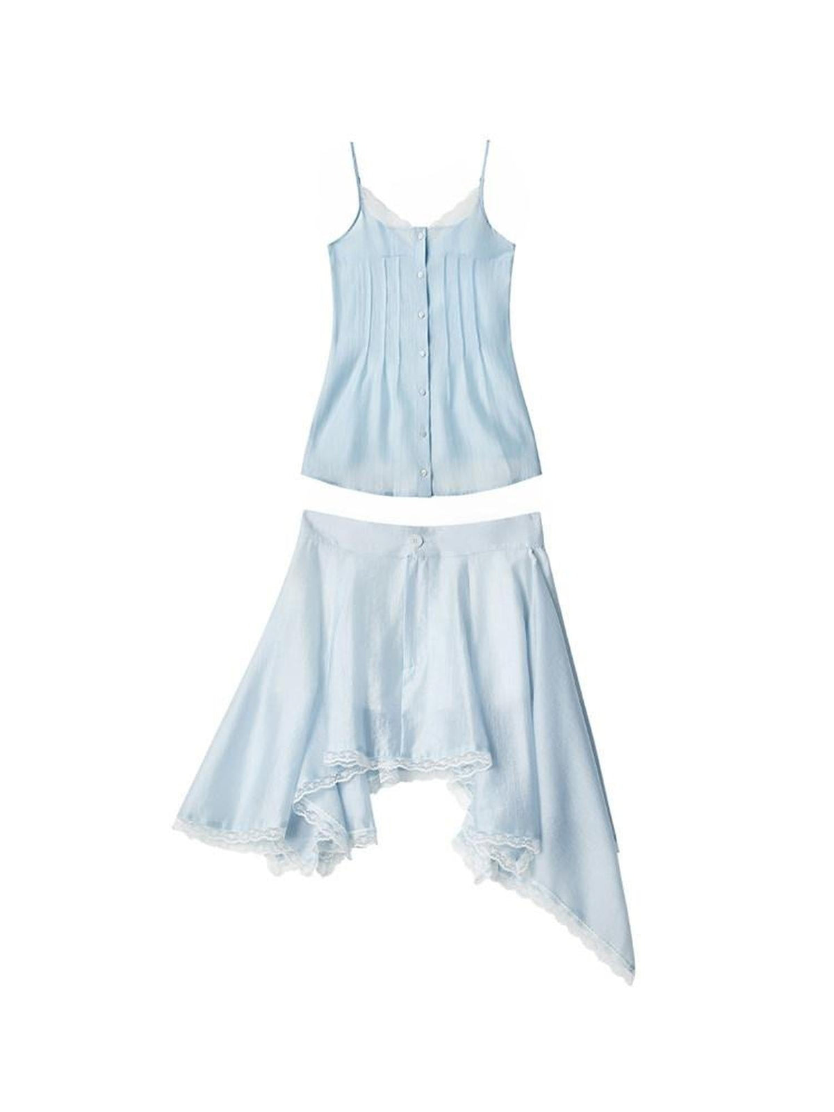 Chic V-neck Button Blue Cami Two Piece Young Women Cami Skirt Top & Skirt Sets