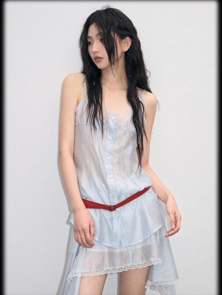 Chic V-neck Button Blue Cami Two Piece Young Women Cami Skirt Top & Skirt Sets