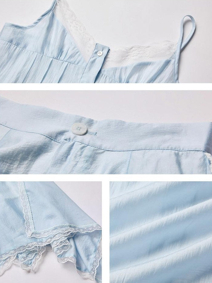 Chic V-neck Button Blue Cami Two Piece Young Women Cami Skirt Top & Skirt Sets