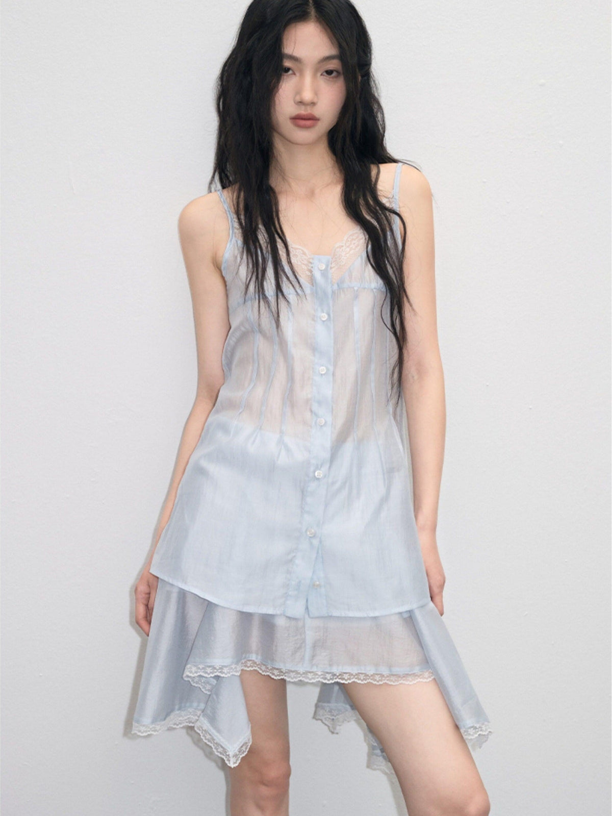 Chic V-neck Button Blue Cami Two Piece Young Women Cami Skirt Top & Skirt Sets