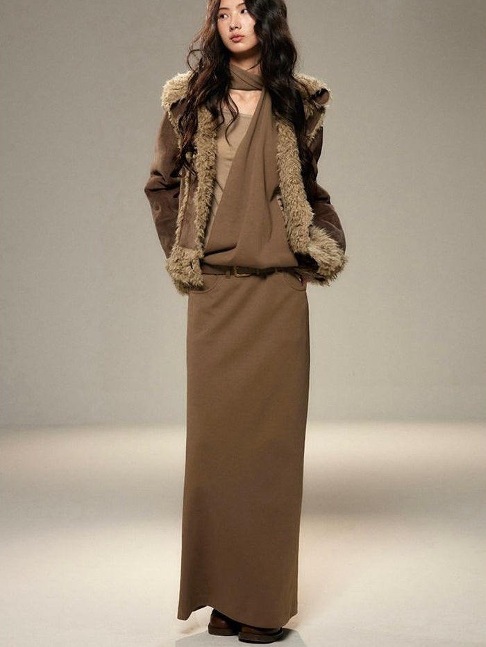 Cinched Waist Halter Neck Faux Layered Wasteland Long Sleeve Casual Maxi Dresses