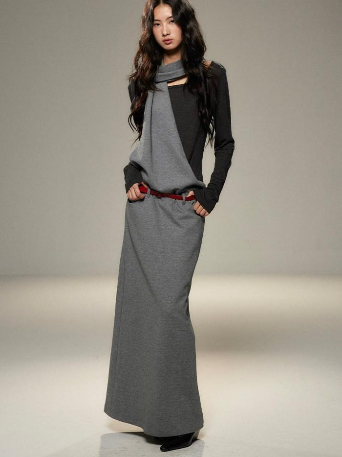 Cinched Waist Halter Neck Faux Layered Wasteland Long Sleeve Casual Maxi Dresses