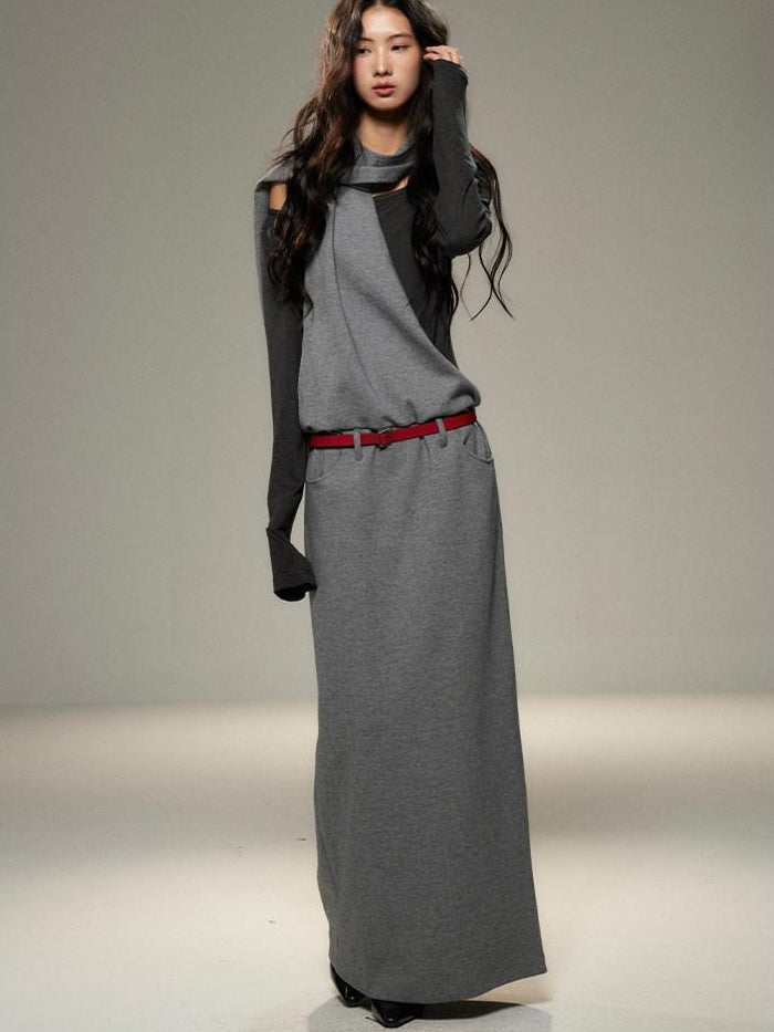 Cinched Waist Halter Neck Faux Layered Wasteland Long Sleeve Casual Maxi Dresses