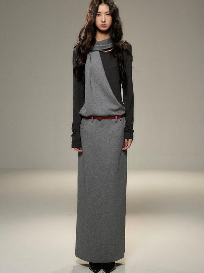 Cinched Waist Halter Neck Faux Layered Wasteland Long Sleeve Casual Maxi Dresses