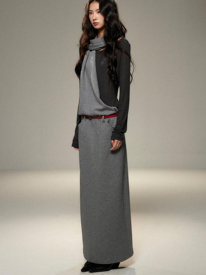 Cinched Waist Halter Neck Faux Layered Wasteland Long Sleeve Casual Maxi Dresses