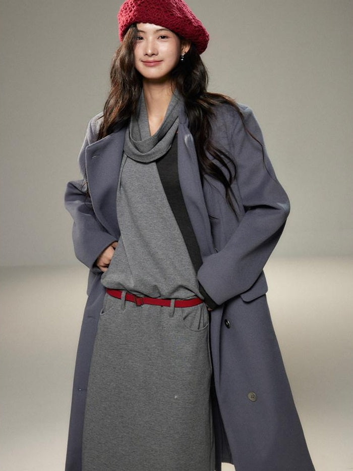 Cinched Waist Halter Neck Faux Layered Wasteland Long Sleeve Casual Maxi Dresses