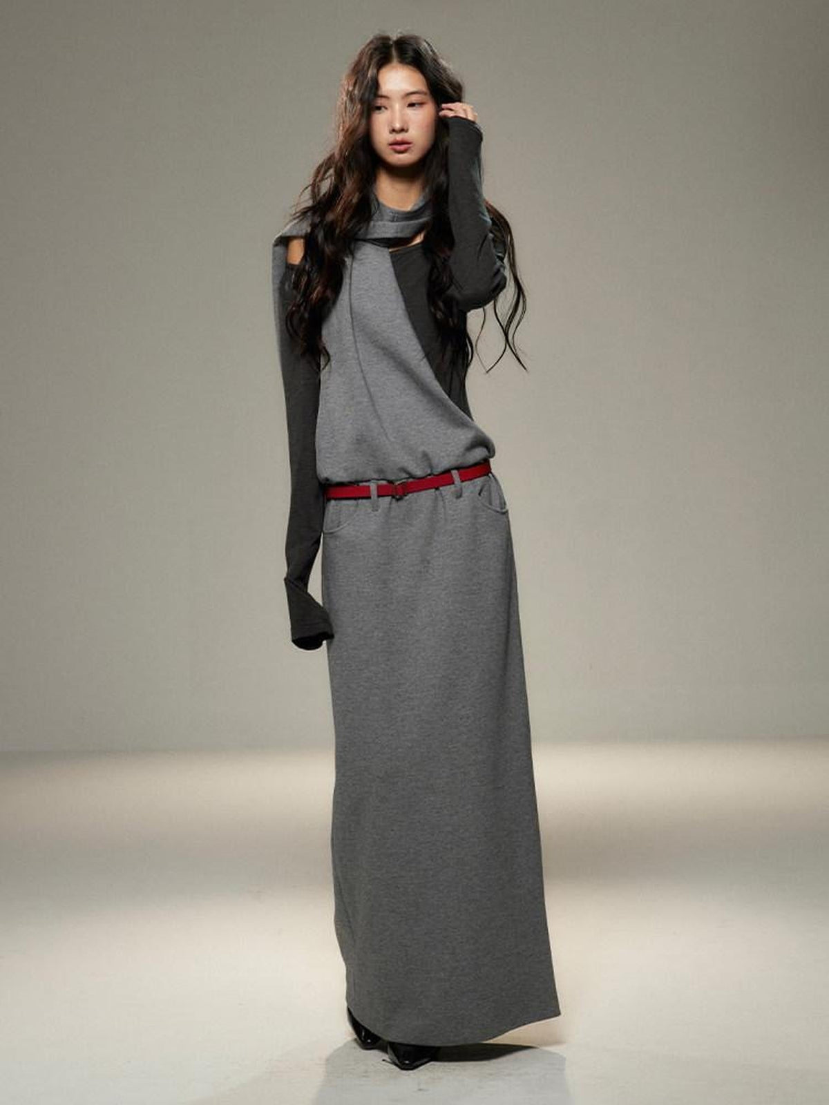 Cinched Waist Halter Neck Faux Layered Wasteland Long Sleeve Casual Maxi Dresses