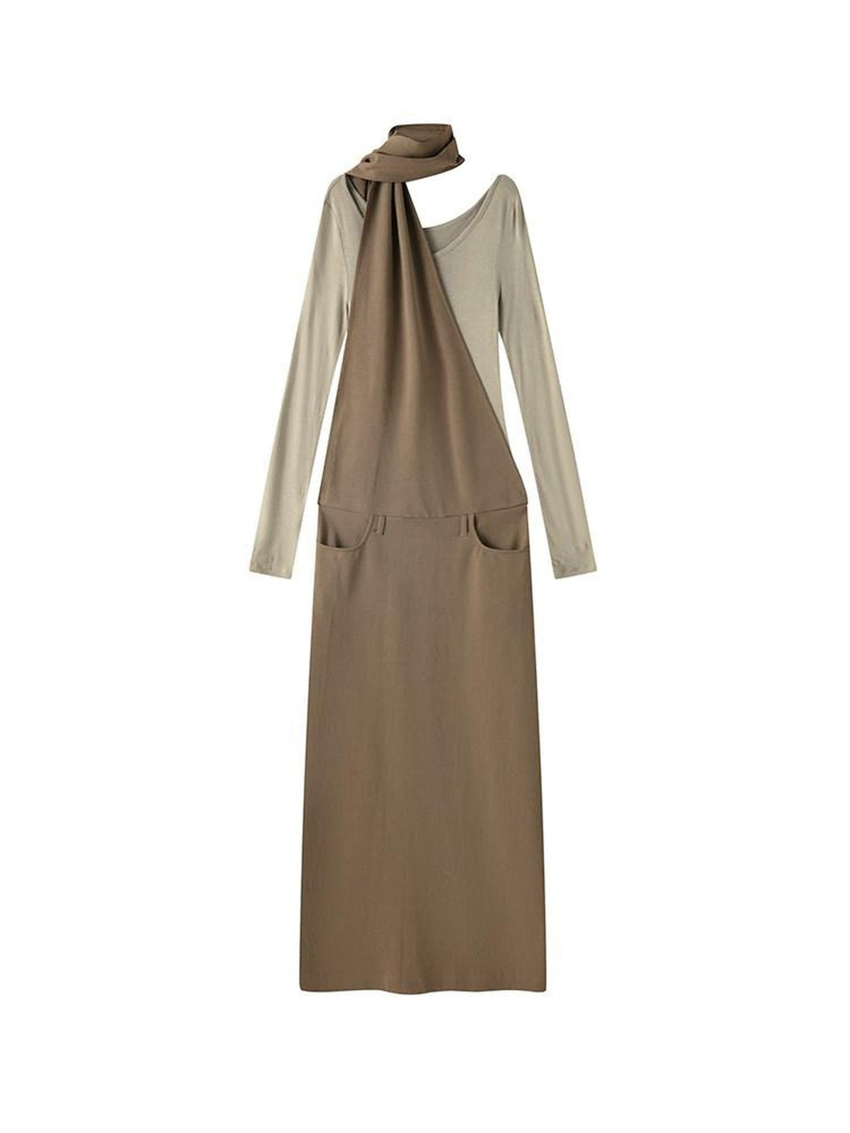 Cinched Waist Halter Neck Faux Layered Wasteland Long Sleeve Casual Maxi Dresses