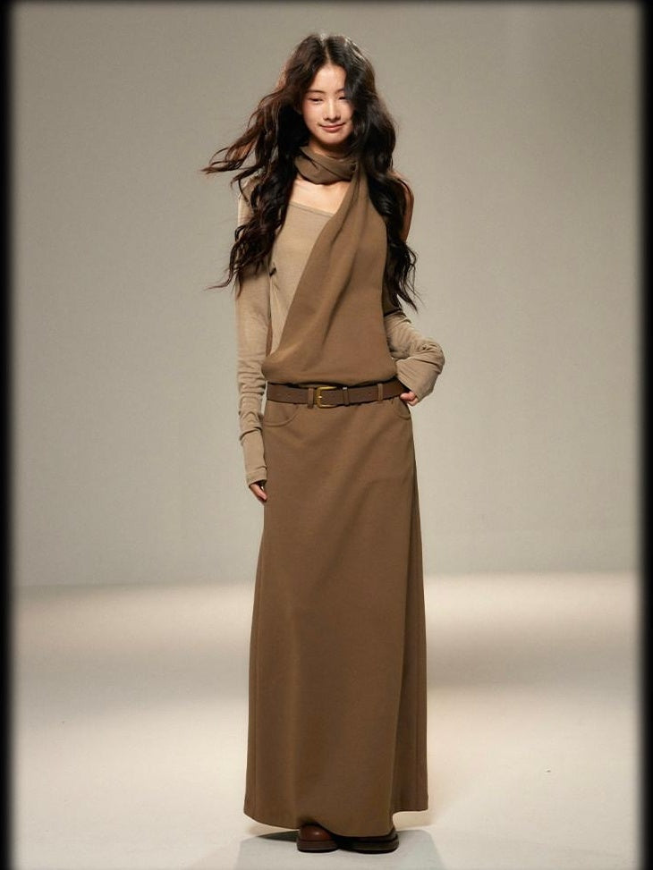Cinched Waist Halter Neck Faux Layered Wasteland Long Sleeve Casual Maxi Dresses