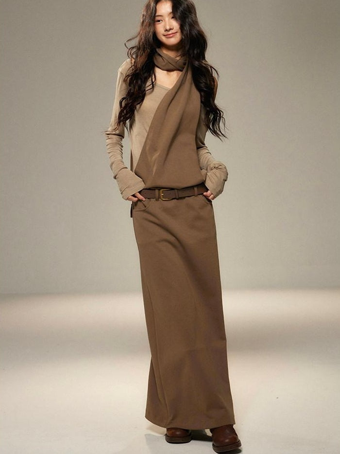 Cinched Waist Halter Neck Faux Layered Wasteland Long Sleeve Casual Maxi Dresses