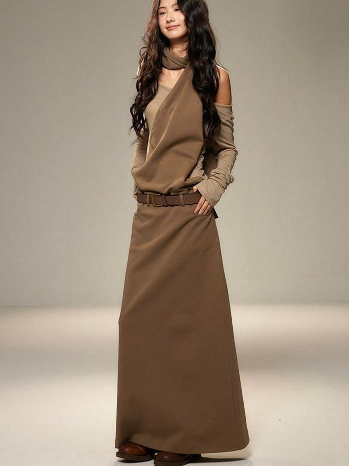 Cinched Waist Halter Neck Faux Layered Wasteland Long Sleeve Casual Maxi Dresses