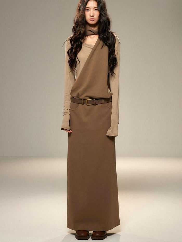Cinched Waist Halter Neck Faux Layered Wasteland Long Sleeve Casual Maxi Dresses