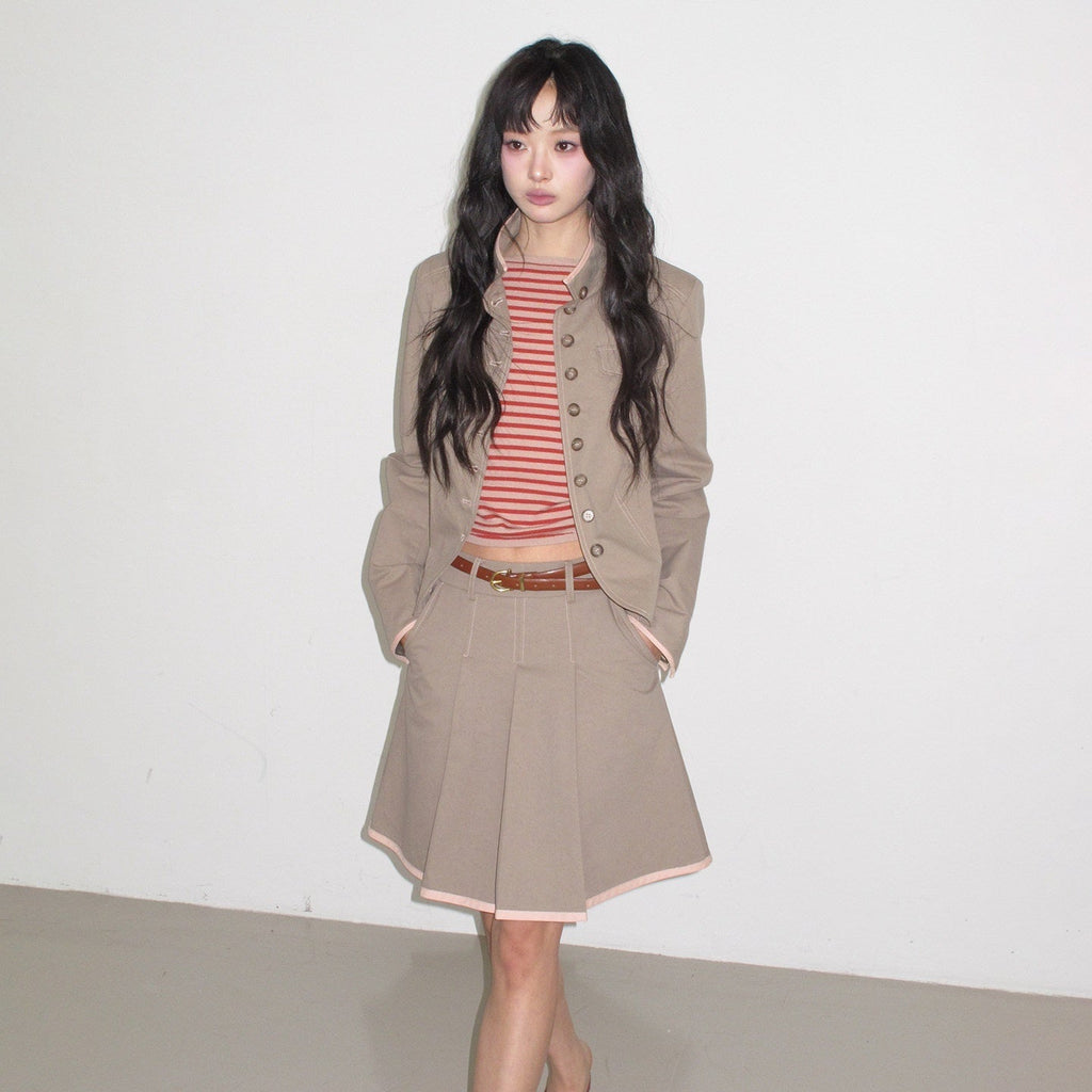 Contrast Striped Slim Street Stand Collar Button Khaki Top & Skirt Sets