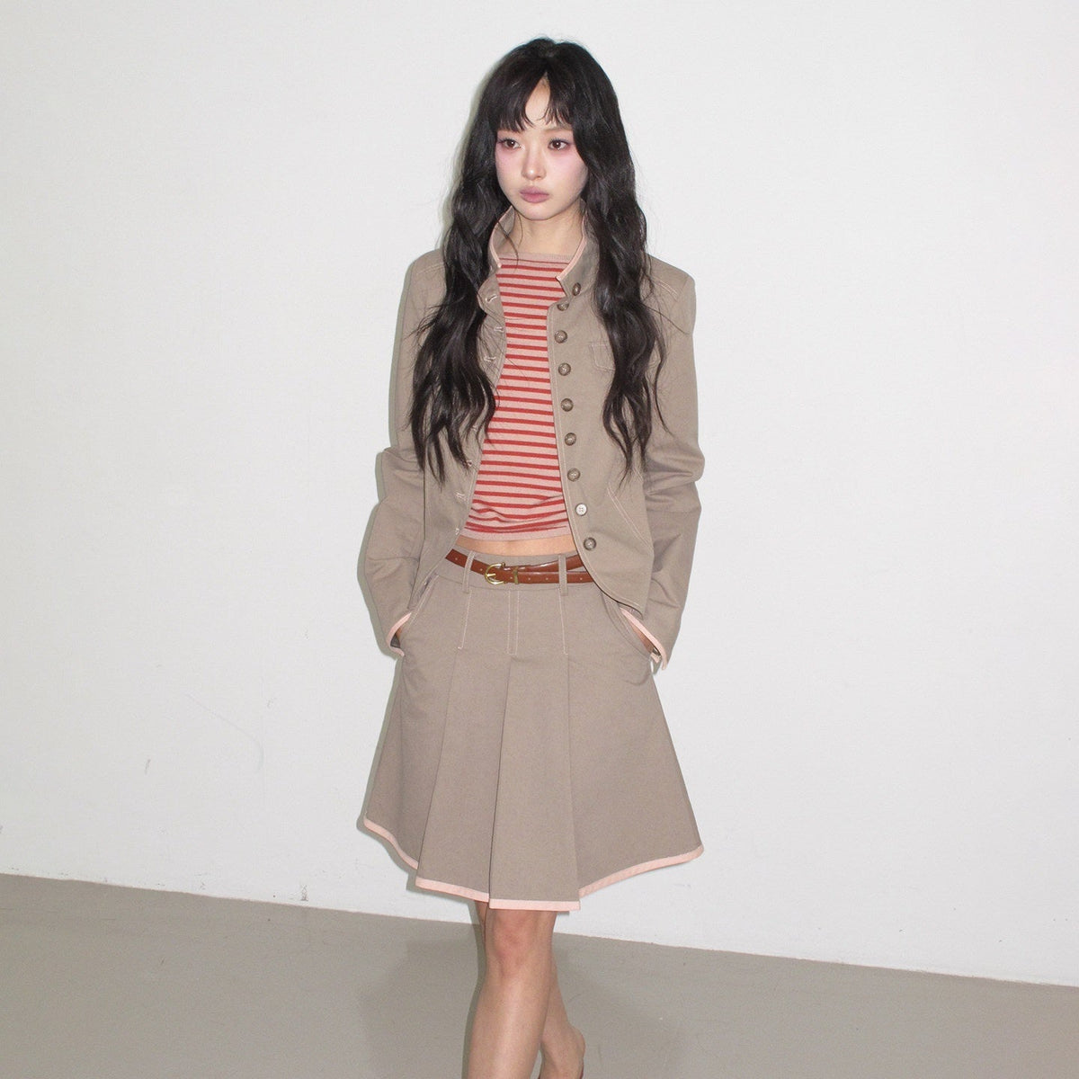 Contrast Striped Slim Street Stand Collar Button Khaki Top & Skirt Sets