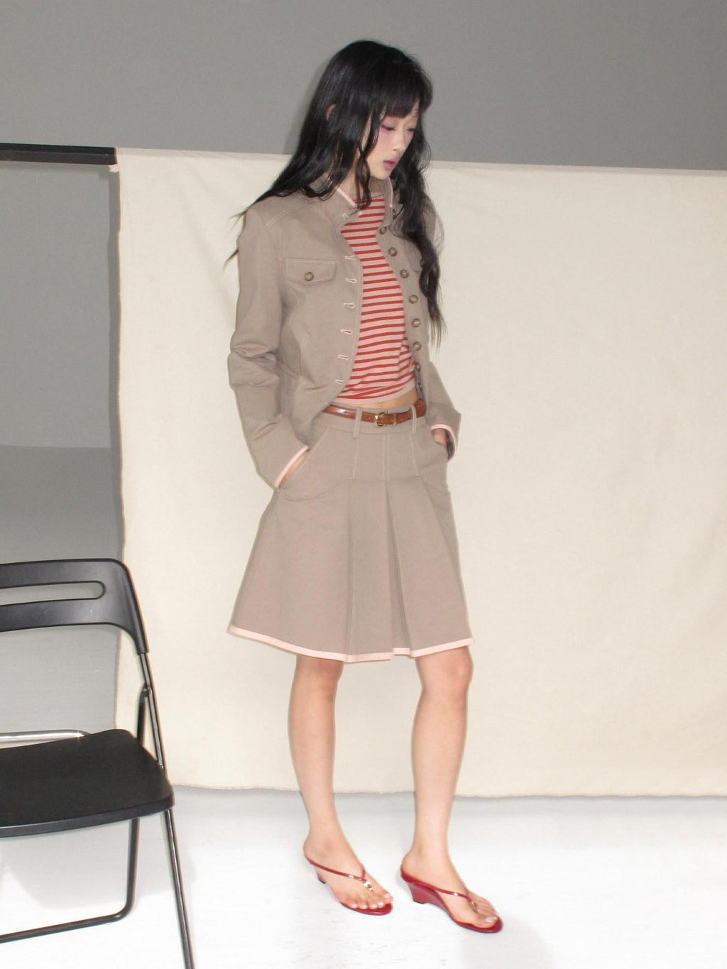 Contrast Striped Slim Street Stand Collar Button Khaki Top & Skirt Sets
