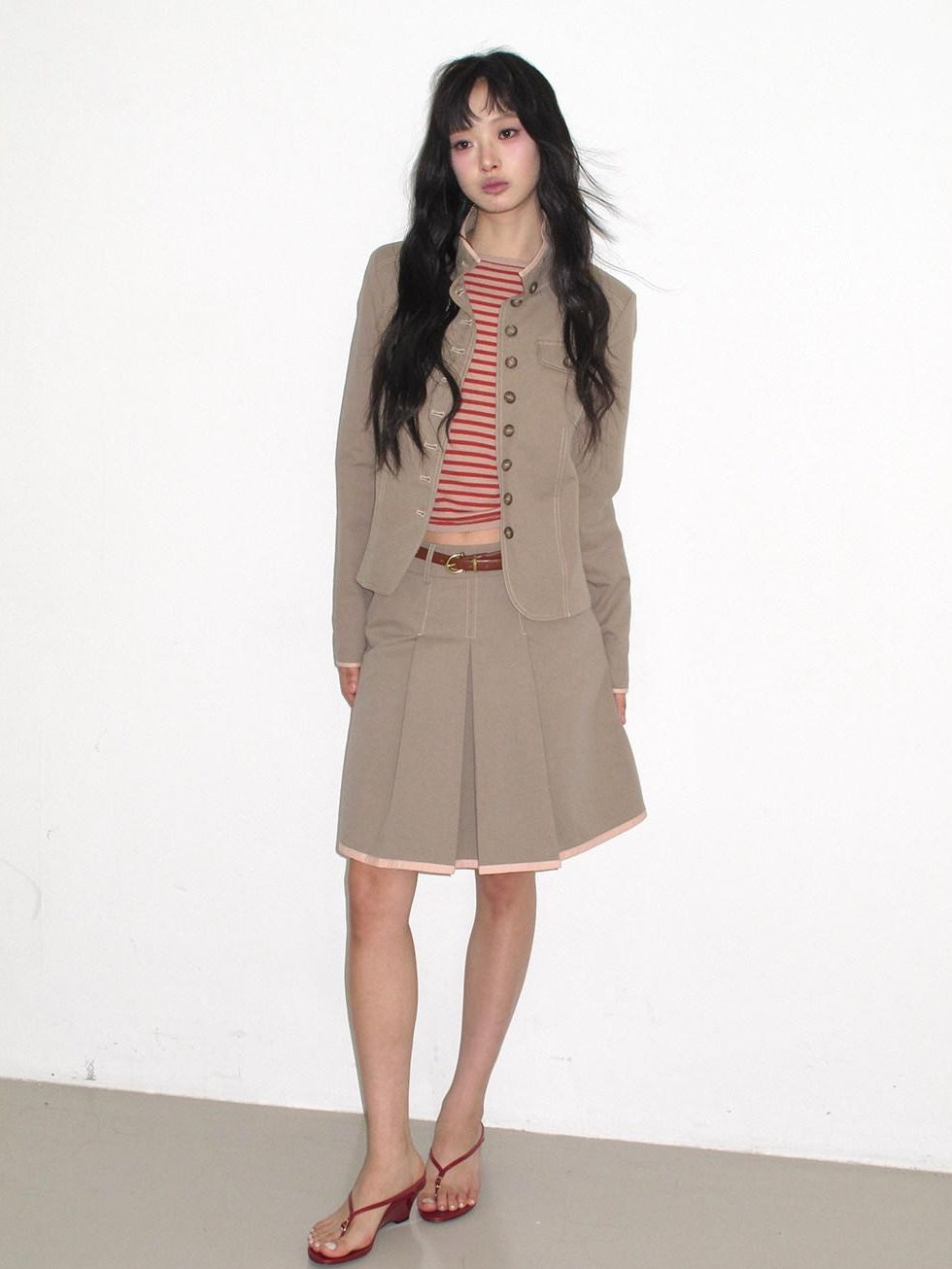 Contrast Striped Slim Street Stand Collar Button Khaki Top & Skirt Sets