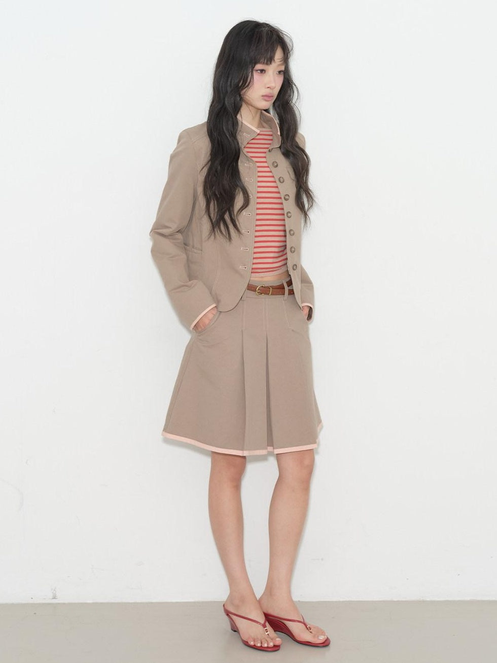 Contrast Striped Slim Street Stand Collar Button Khaki Top & Skirt Sets
