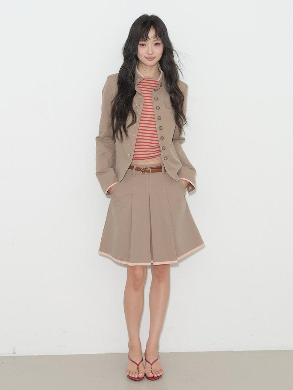 Contrast Striped Slim Street Stand Collar Button Khaki Top & Skirt Sets