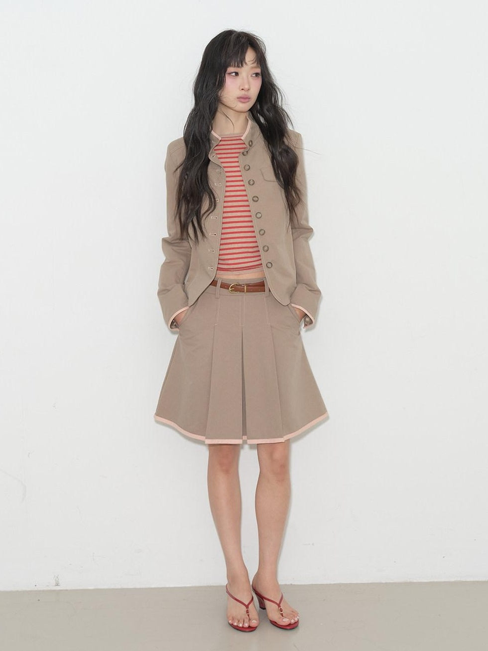 Contrast Striped Slim Street Stand Collar Button Khaki Top & Skirt Sets