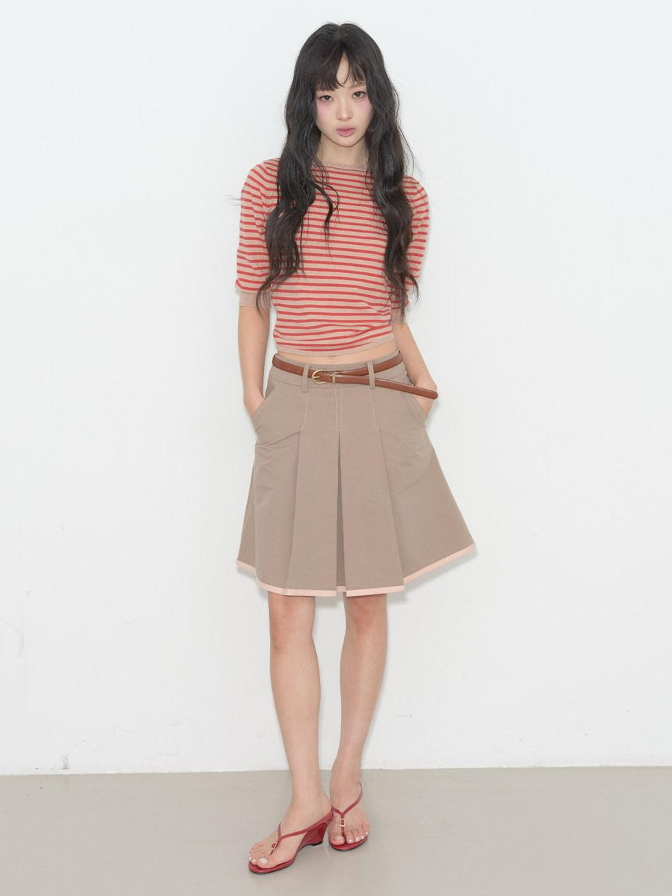 Contrast Striped Slim Street Stand Collar Button Khaki Top & Skirt Sets