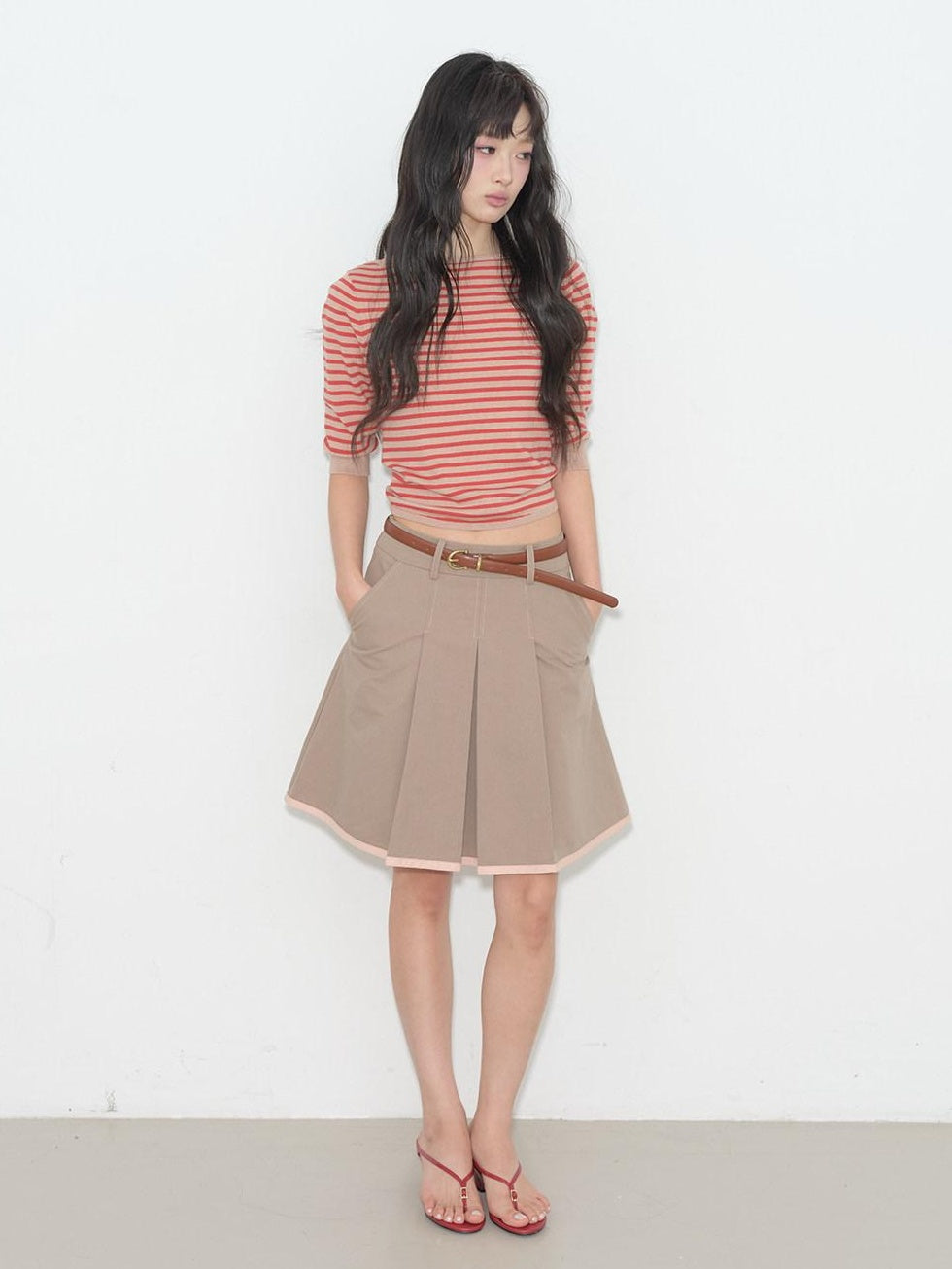 Contrast Striped Slim Street Stand Collar Button Khaki Top & Skirt Sets