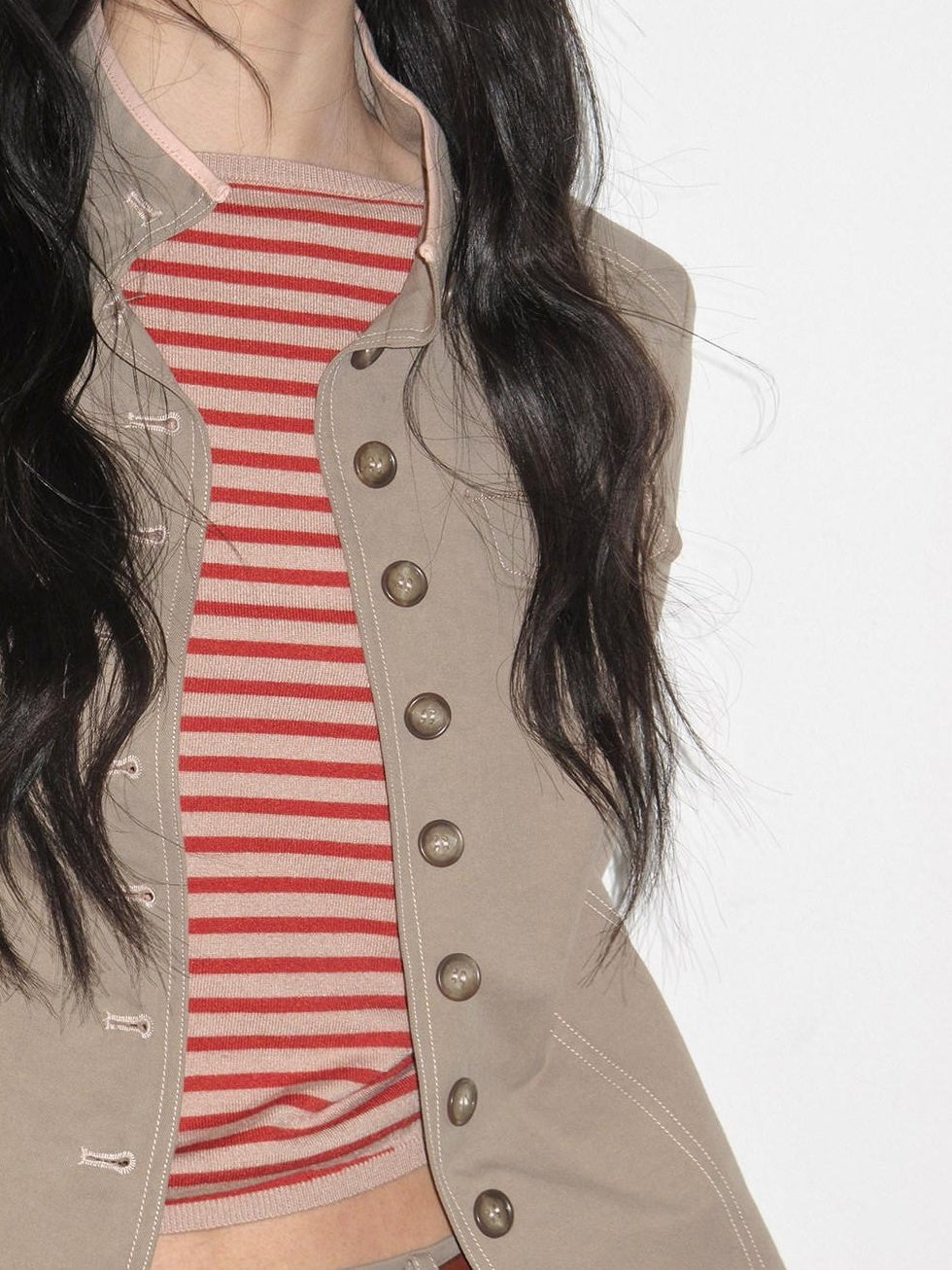 Contrast Striped Slim Street Stand Collar Button Khaki Top & Skirt Sets