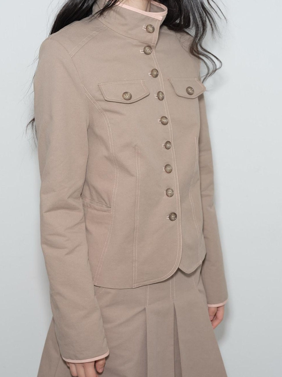 Contrast Striped Slim Street Stand Collar Button Khaki Top & Skirt Sets