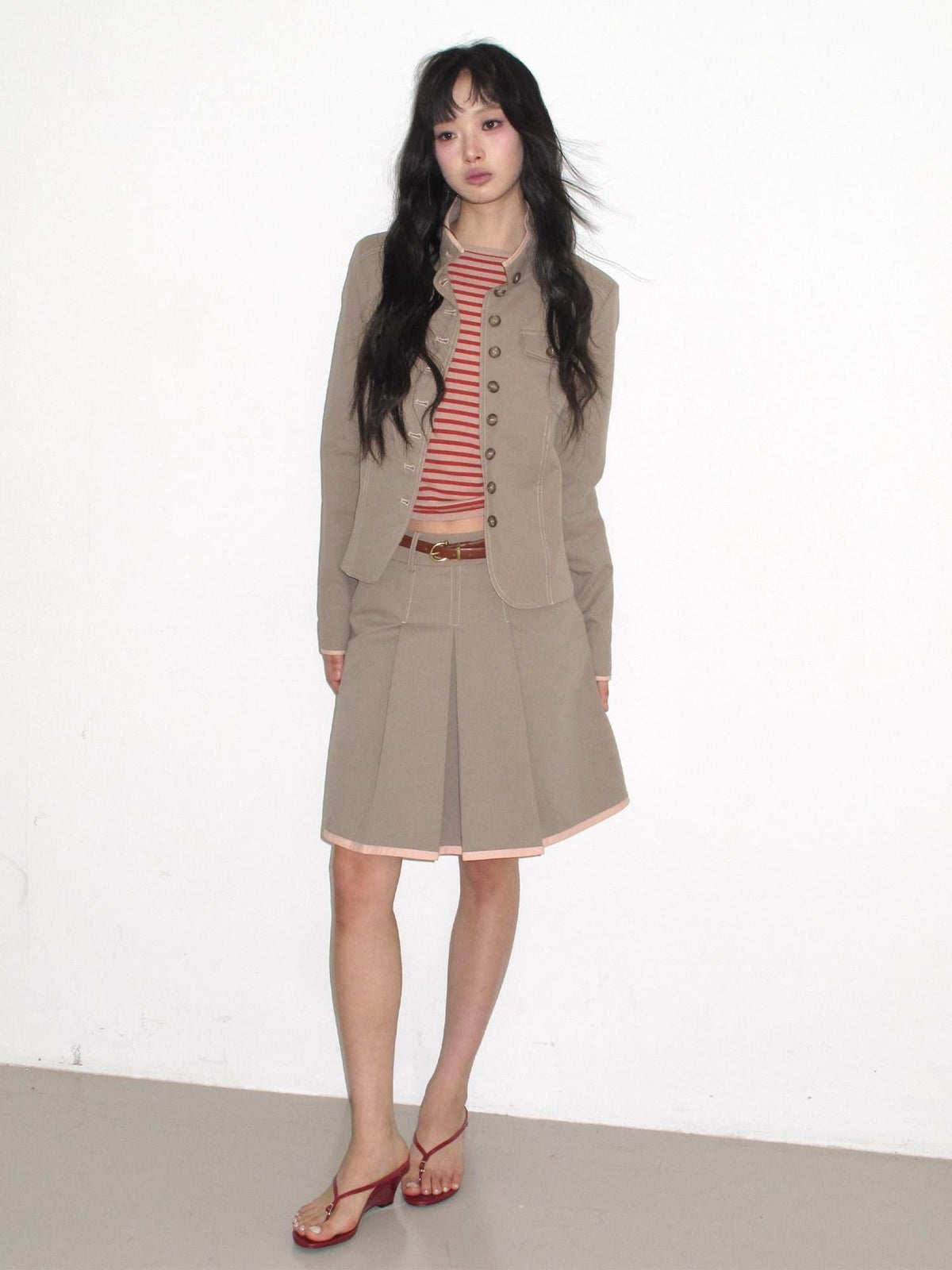Contrast Striped Slim Street Stand Collar Button Khaki Top & Skirt Sets
