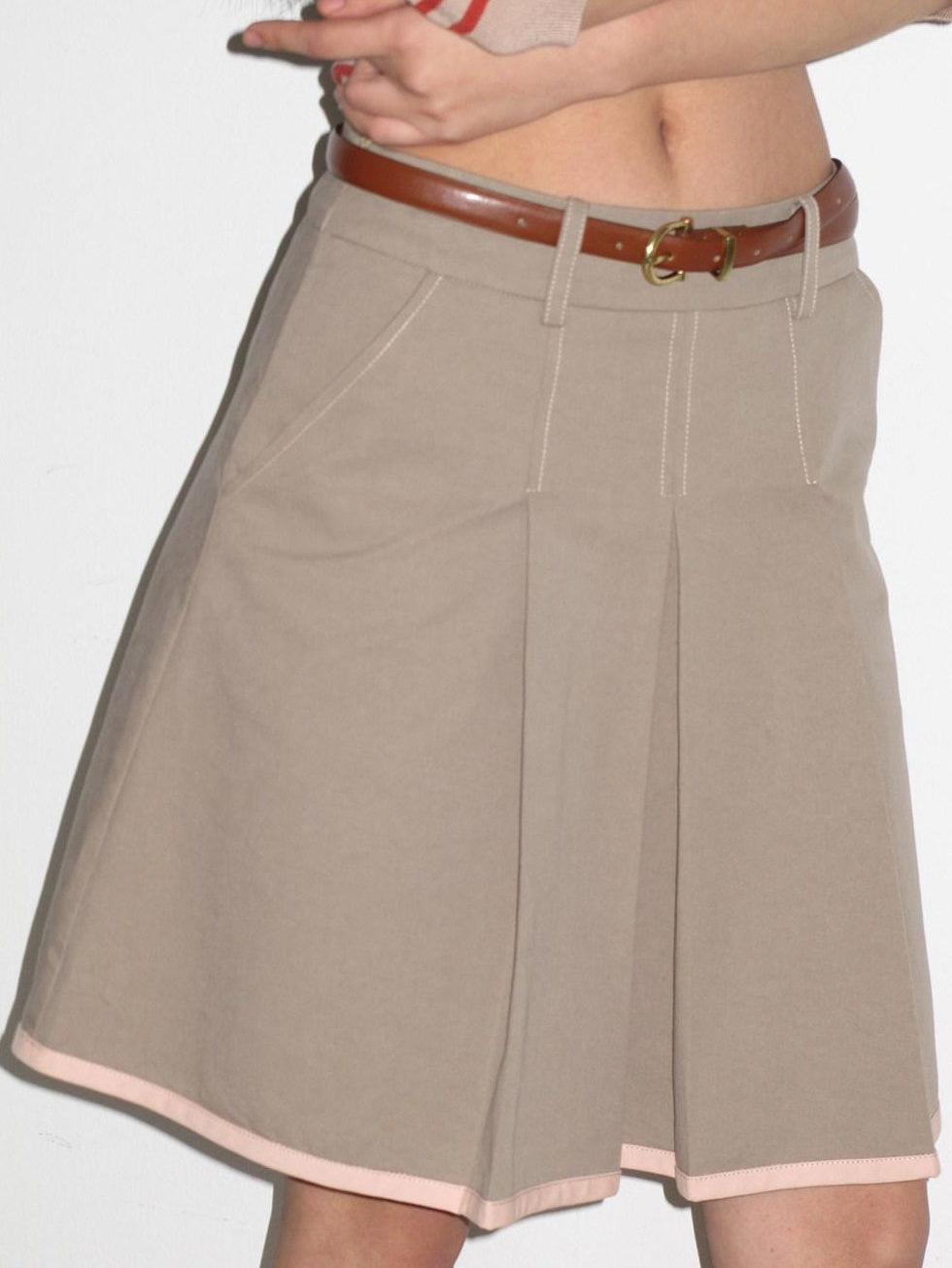 Contrast Striped Slim Street Stand Collar Button Khaki Top & Skirt Sets
