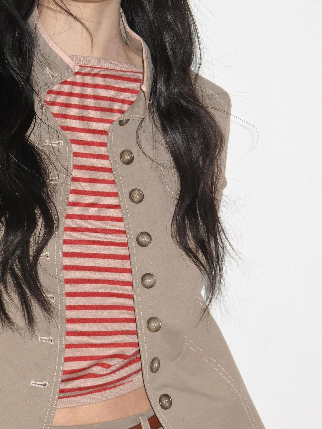 Contrast Striped Slim Street Stand Collar Button Khaki Top & Skirt Sets
