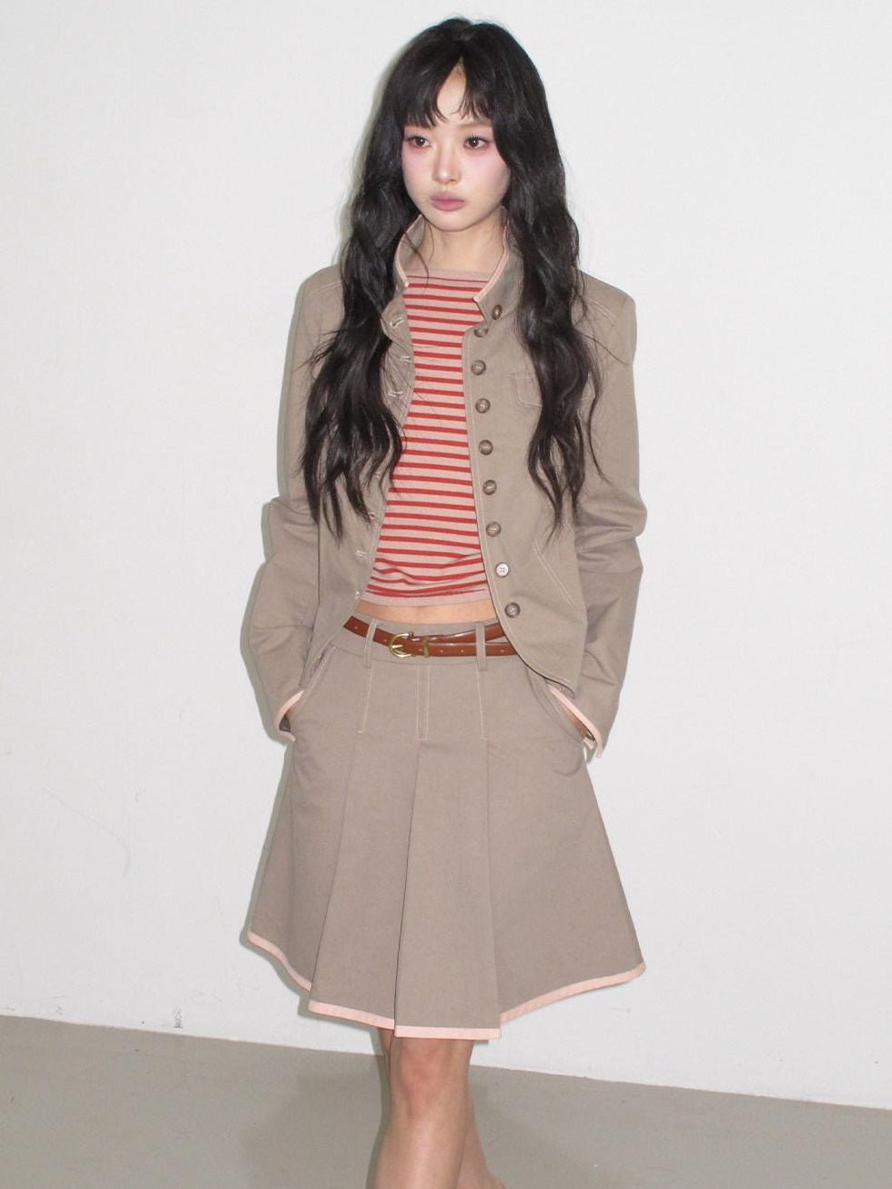 Contrast Striped Slim Street Stand Collar Button Khaki Top & Skirt Sets