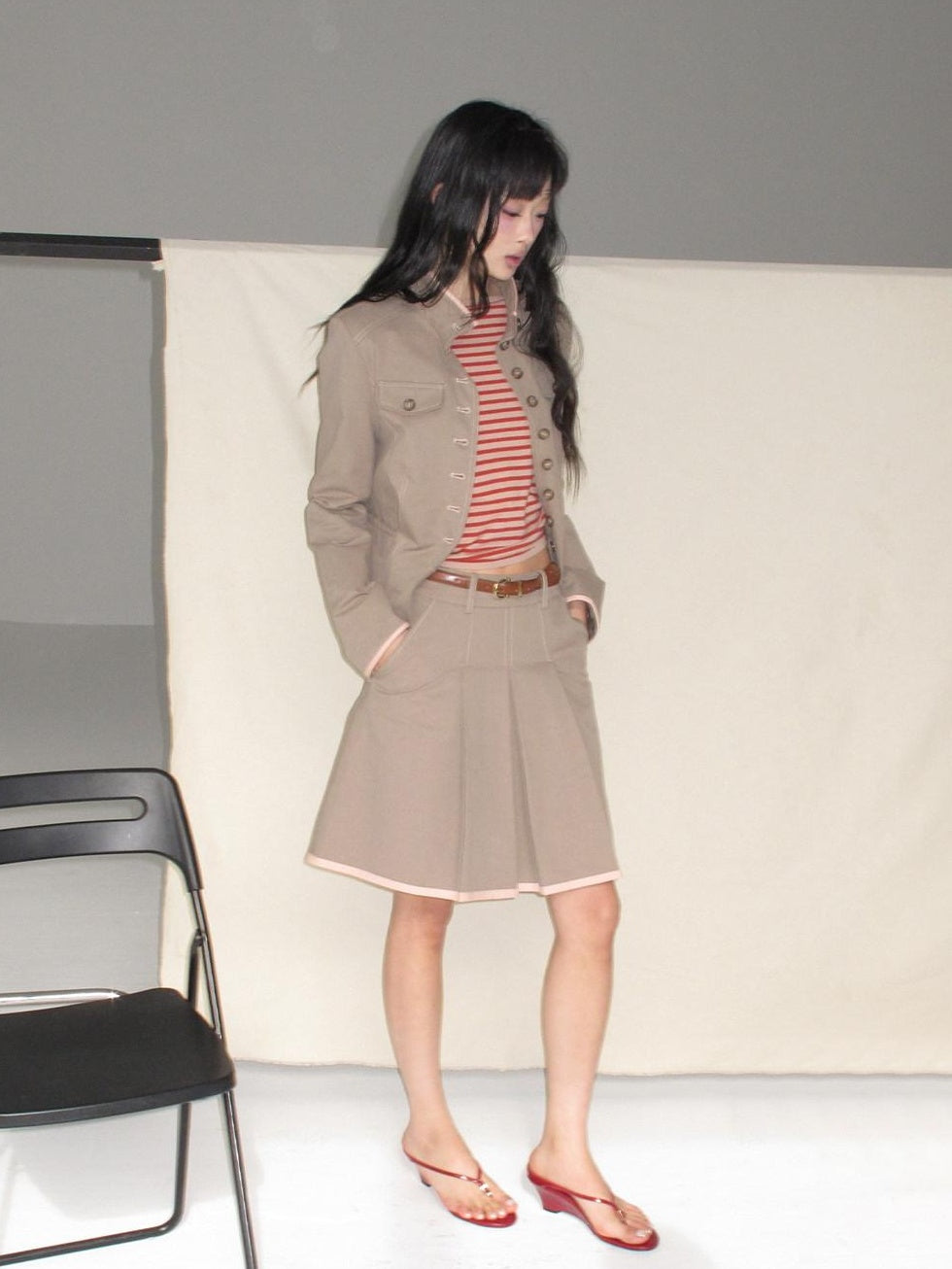 Contrast Striped Slim Street Stand Collar Button Khaki Top & Skirt Sets