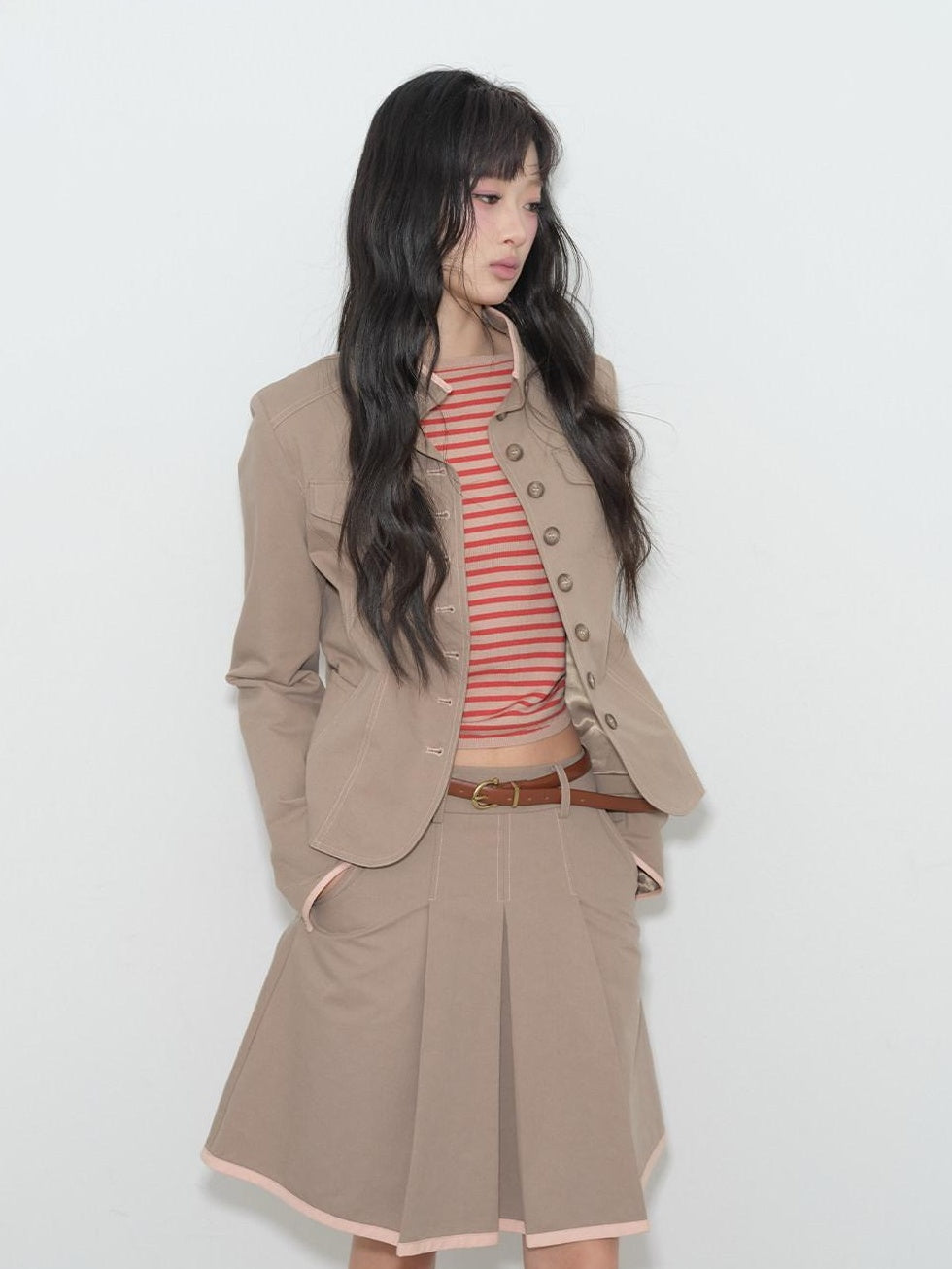 Contrast Striped Slim Street Stand Collar Button Khaki Top & Skirt Sets