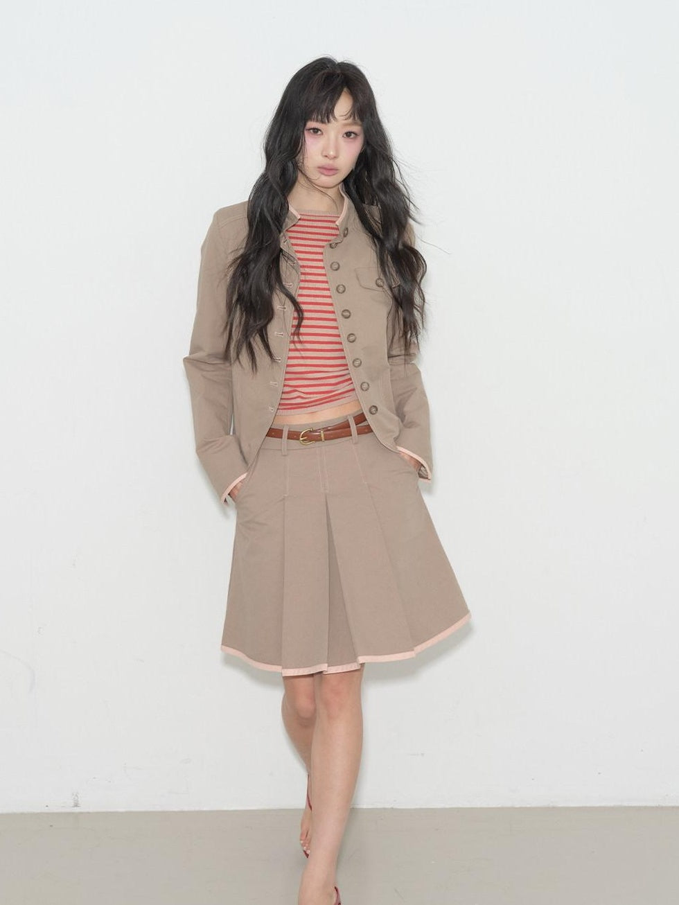 Contrast Striped Slim Street Stand Collar Button Khaki Top & Skirt Sets