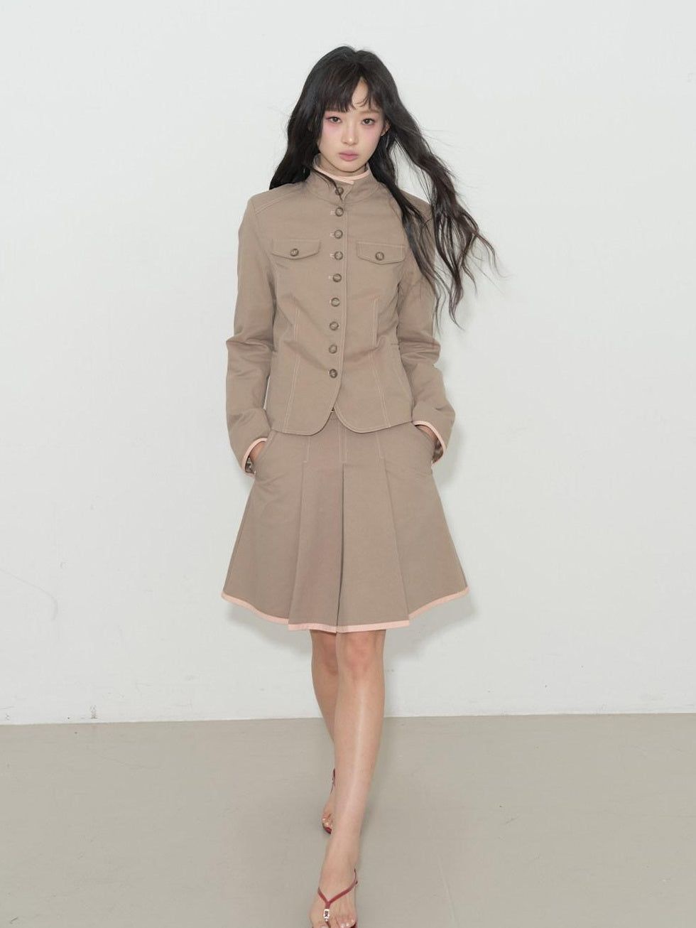 Contrast Striped Slim Street Stand Collar Button Khaki Top & Skirt Sets